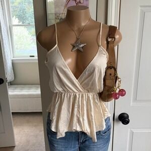 y2k 2000s minimalist cream lace‎ surplice cami tank top